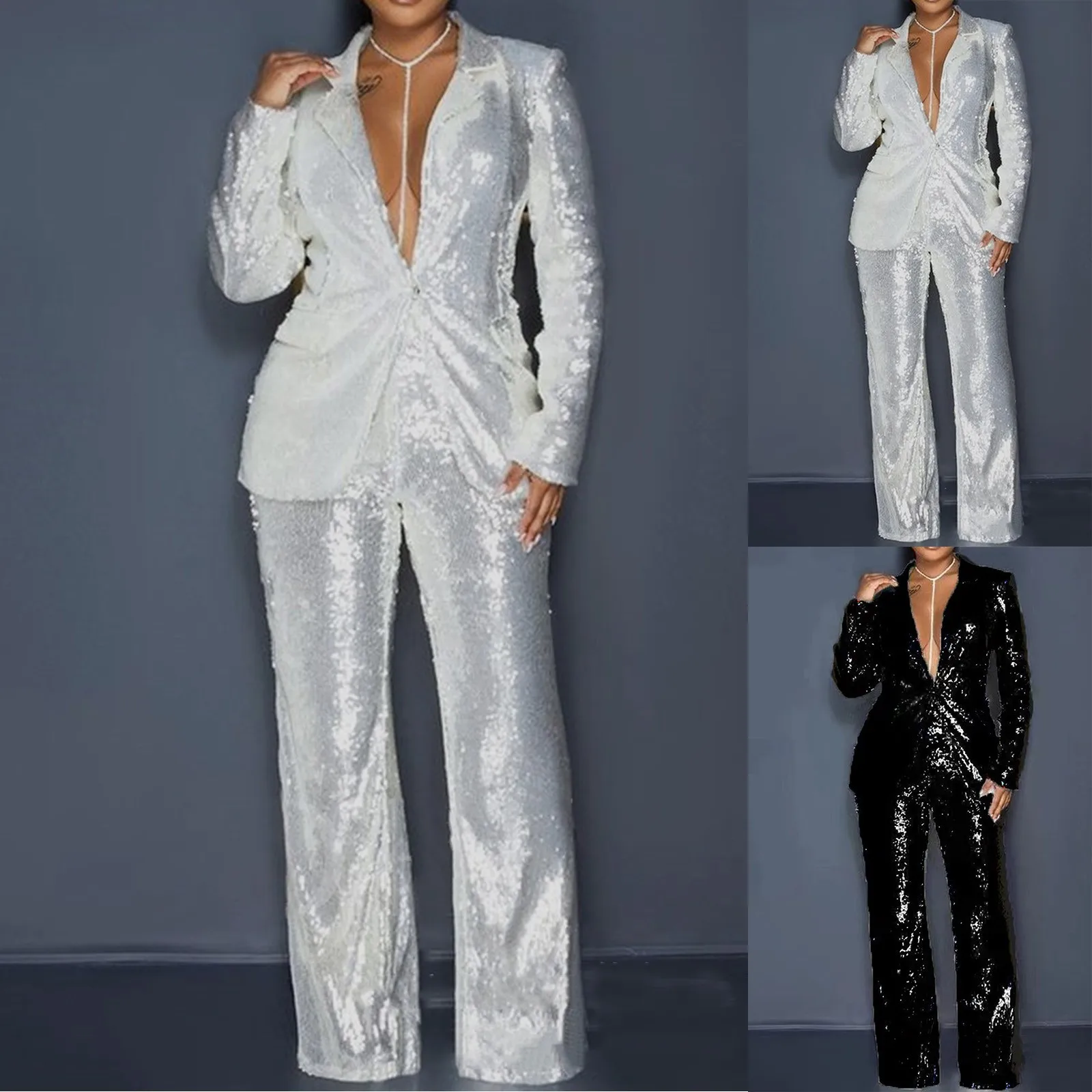

Womens Blazer Suits Sequins 2 Piece Pants Set Notch Lapel Slim Fit Formal Blazer Outfits Office Club Ladies Tuxedo Party Suit