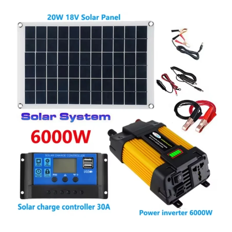 ระบบพลังงานแสงอาทิตย์110/220V เครื่องควบคุม30A ประจุแบตเตอรี่แผงโซล่า20W 6000W อินเวอร์เตอร์ดัดแปลงชุดสร้างพลังงาน 1