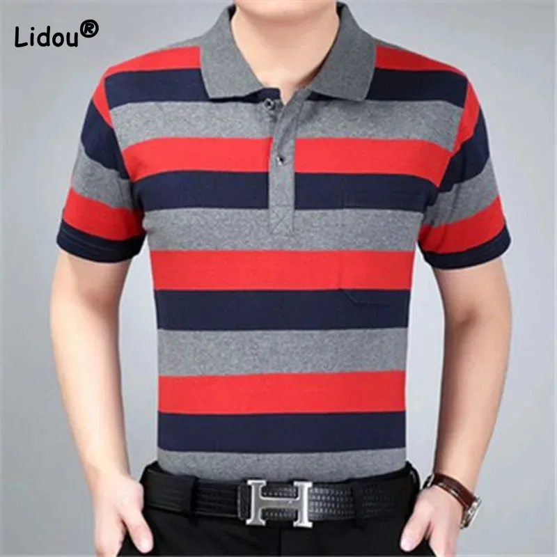 

Business Office Casual Striped Printing Polo Shirt Summer Clothes for Men Trend Classic All-match Male Short Sleeve T-shirt Tops