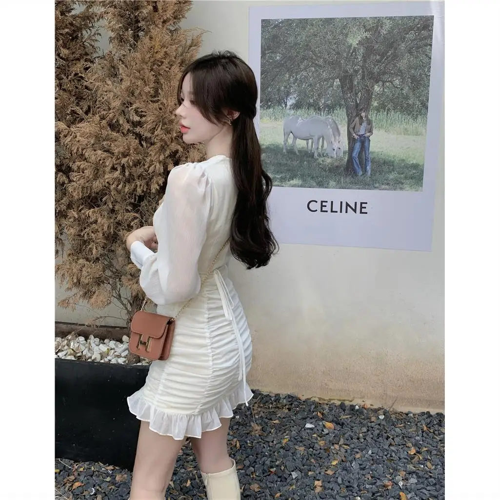 Autumn French Light Mature Style Bubble Sleeves White Dress Female Design Sense Wood Ear Chiffon Skirt