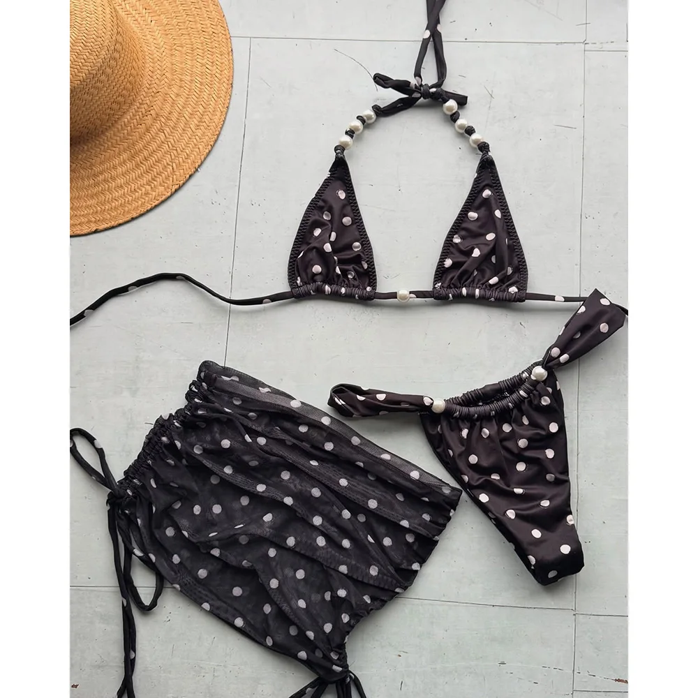 Sexy 3pieces Bikini Set With Mini Skirt 2025 Women Swimsuit Female Swimwear Micro Bikinis Dot Print Beacwear Brazilian Biquini