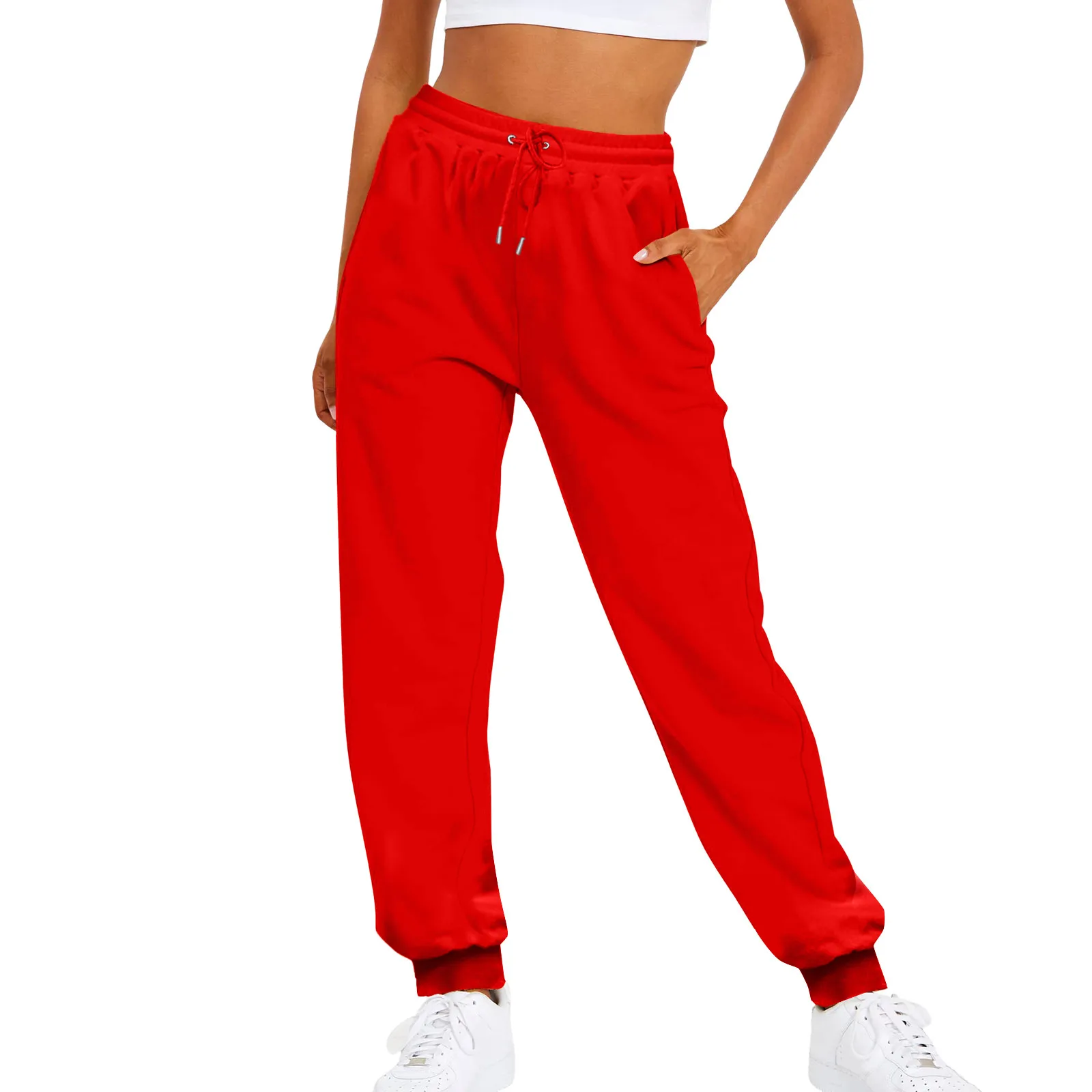 

Ladies Solid Color Drawstring Elastic High Waist Casual Loose Fleece Sweatpants Simplicity Versatile Pants