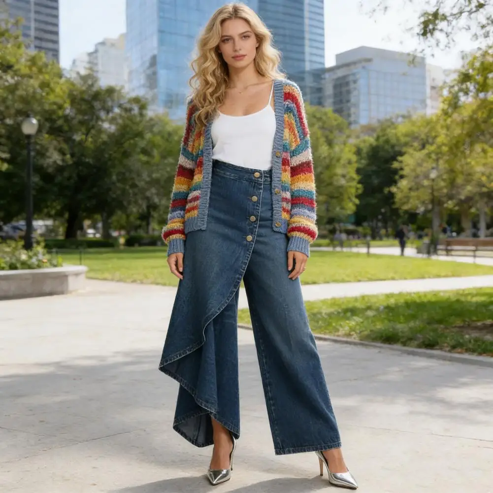 Y2KPants Spring Summer Fashion Long Solid Color Casual Buckle Loose Wide Leg Pants Women Trousers Faux Denim