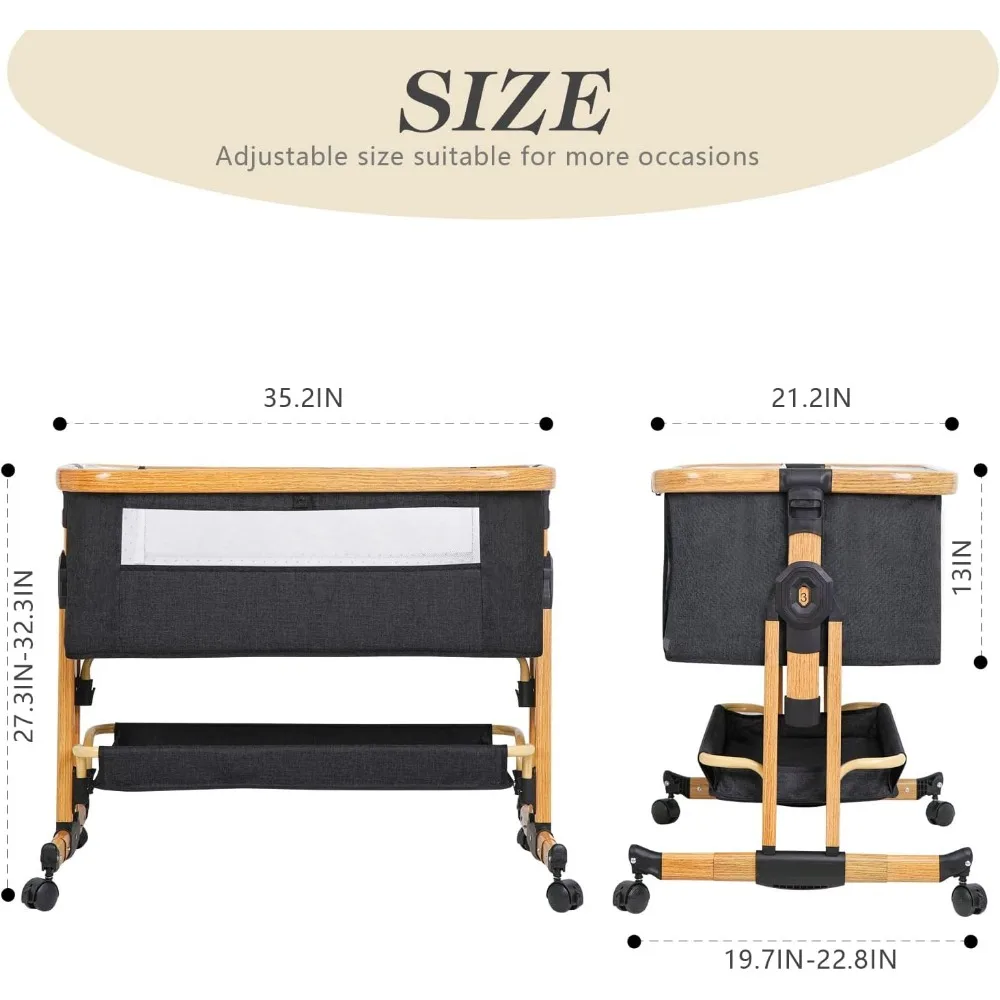 Baby Bassinet, 3 in 1 Bedside Crib for Newborn, 6 Height Adjustable  Easy Folding & with Mosquito Net & Storage Basket & Wheels 6
