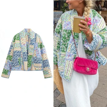 Women's Multicolor Printed Quilted Padded Jacket Coat Fall Winter Lapel Loose Long Sleeve Cardigan Jackets Female Warm Outerwear