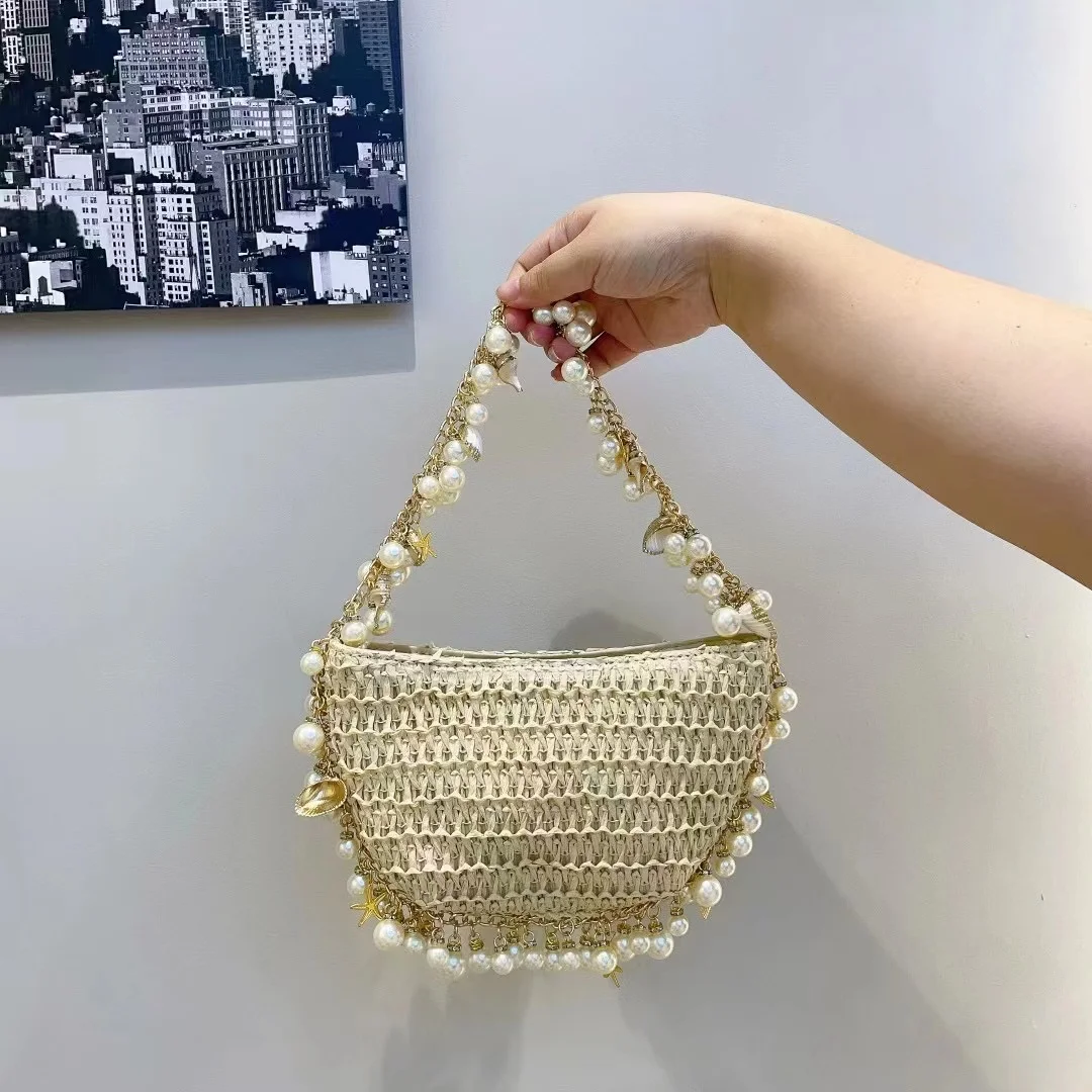

Pearl Beading Women Handbag Straw Woven Handmade Evening Bag Wedding Party Clutch Purse Shoulder Bag Summer Vacation Beach Bag