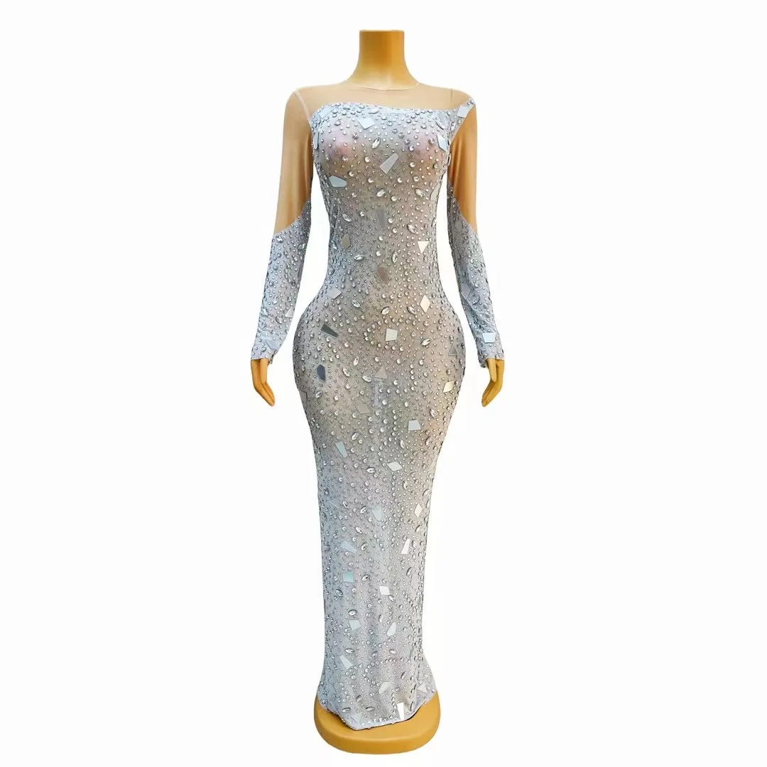 

Women Sexy Stage Sparkly Crystals Long DressEvening Party Rhinestones Dresses BirthdayCelebrate Costume Fringes Dress C218