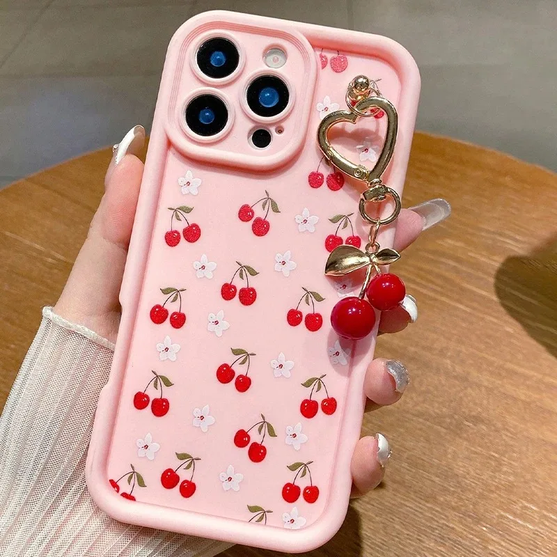Red Cherry Pattern Silicone Phone Case with Chain Cover