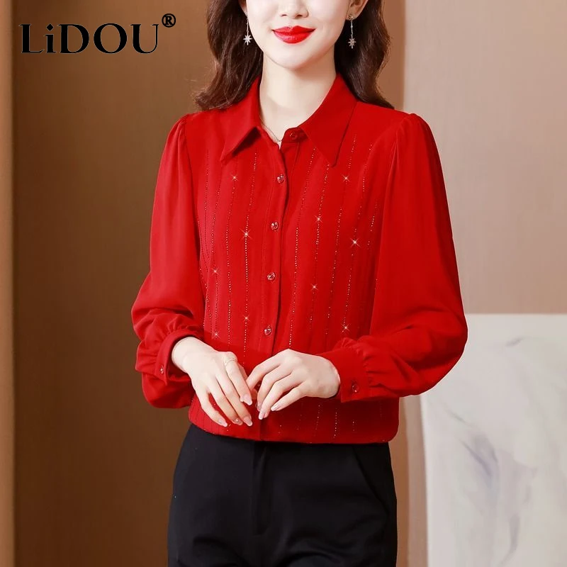 Spring Autumn New POLO Collar Long Sleeve Single Breasted Shirt Women Rhinestone Vintage Elegant All-match Temperament Blouse 2022 spring autumn new temperament exquisite rhinestone ruffled short suit coat women s v neck cardigan blazer jacket fashion