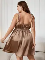 Plus Size Women's Summer Dress Silk Satin with Double Layer Ruffle Sleeveless Cold Shoulder Elastic Waist Vacation Gown Robe - Image 2