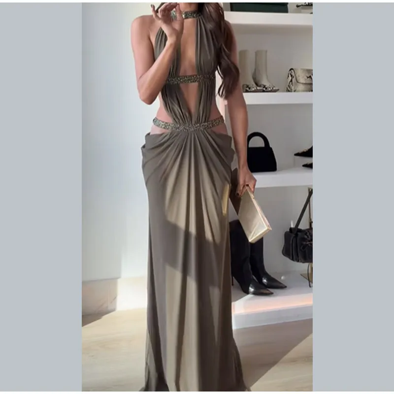 Sexy Hollow Out Sequin Halter Dress Women Sleeveless Off Shoulder Backless Pleated Maxi Dresses 2026 Lady Evening Party Gown S8869f4bfcca749a98140fa868d7faa09n