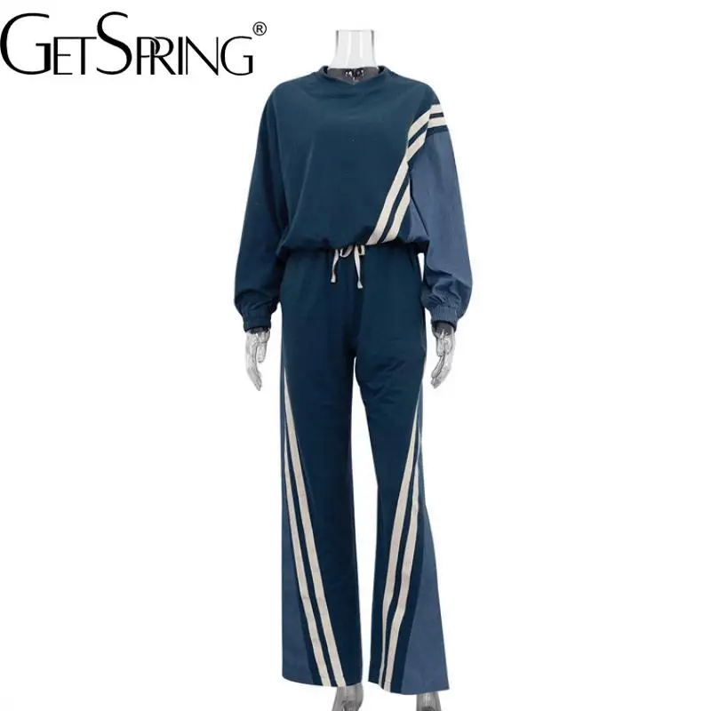 GetSpring Women Pant Sets 2024 New Striped Patchwork Full Sleeve Pullover Sweatshirt Drawstring Loose Long Pant Two Pieces Sets