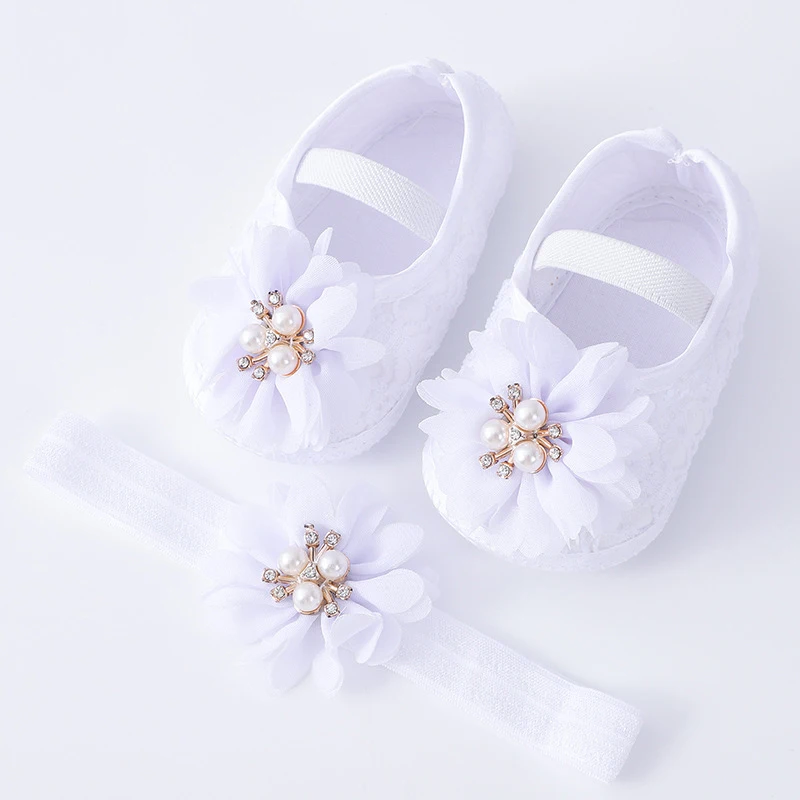 Baby Girl Booties 0-18months Baby Girls Shoes And Headband Soft Sole Non-Slip Pearl Flower Princess Wedding Dress Crib Shoes