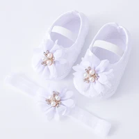 0-18months Baby Girls Shoes And Headband Soft Sole Non-Slip Pearl Flower Princess Wedding Dress Crib Shoes For Newborn Girls 1