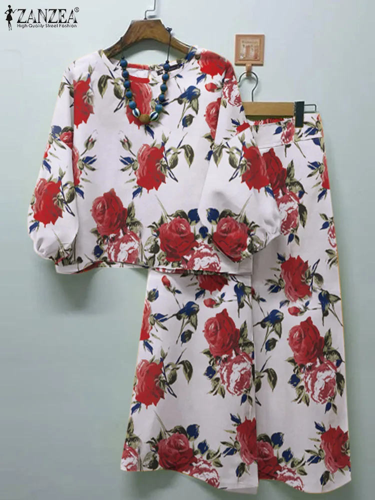 

Модный костюм ZANZEA с цветочным принтом, топ с рукавом 3/4 и круглым вырезом, широкие брюки, 2 шт., богемные праздничные спортивные костюмы, элегантные свободные комплекты