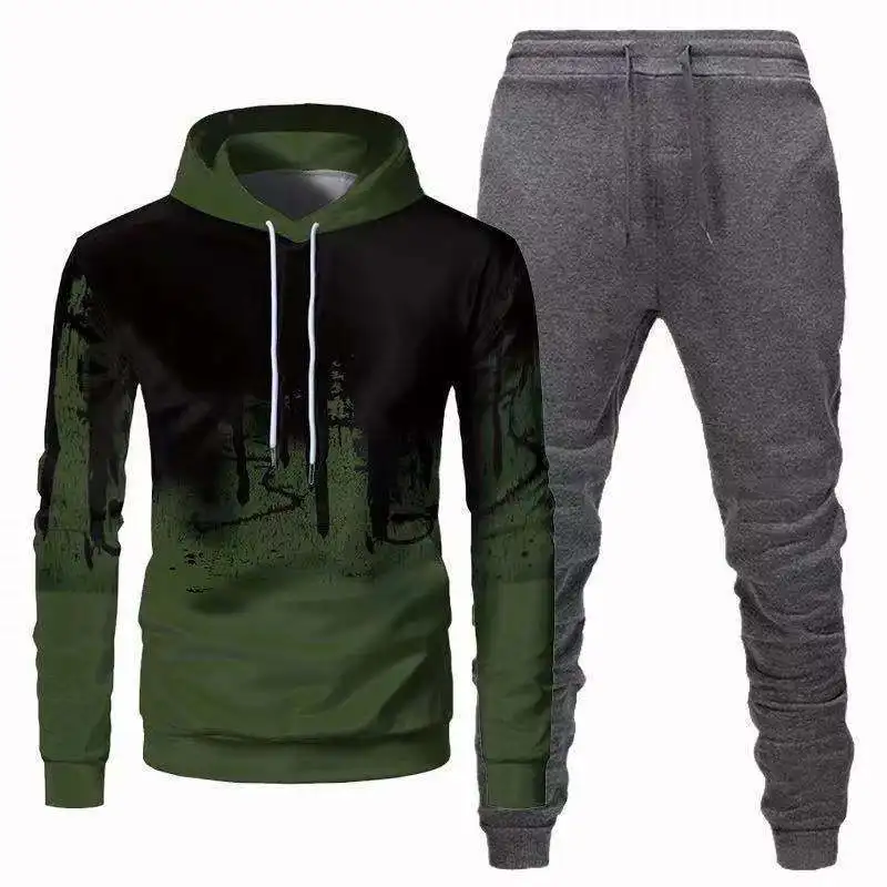 Men's Casual Fashion Solid Color Sweater Long Sleeve Sports Hooded 3D Sweater Trousers Suit
