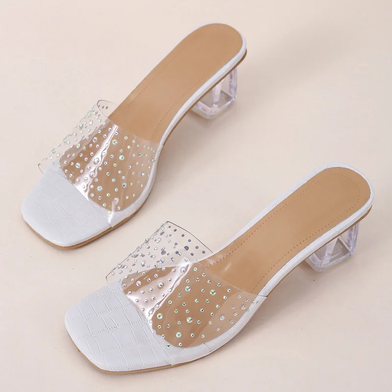Fashion PVC Transparent Rhinestone Slippers Women Sexy High Heels Square Toe Ladies Shoes Shallow Sandals Slippers Women