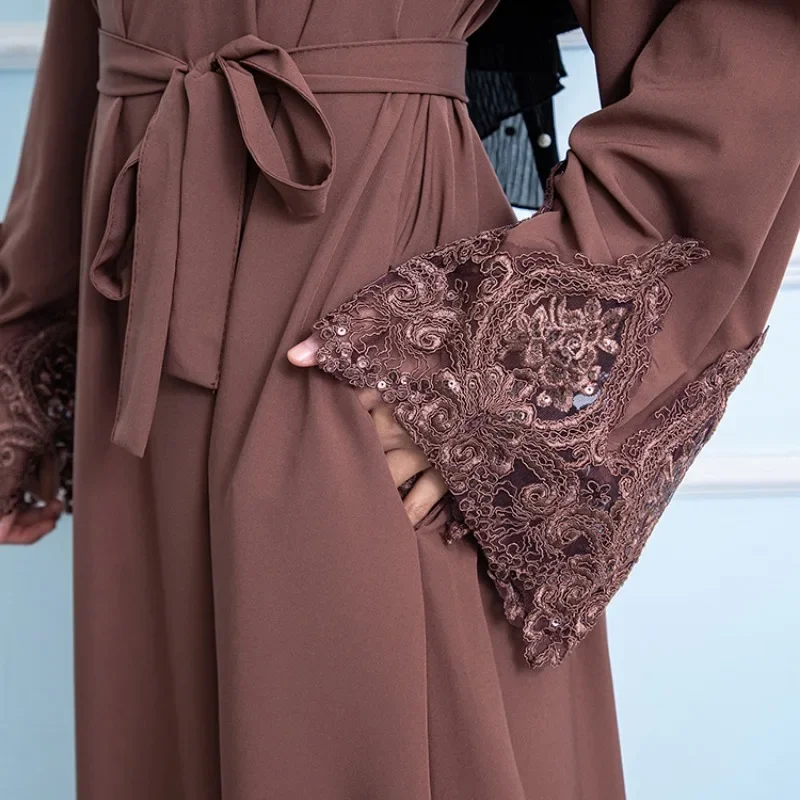 Islam Abaya Dress for Women, Embroidered Sequin Cuffs, Monochrome Robe, Casual Muslim Dress, Europe and America, 2024