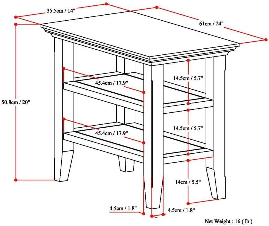 Acadian SOLID WOOD 14 inch wide Rectangle Rustic Contemporary Narrow Side Table in Black with Storage, 2 Shelves 3
