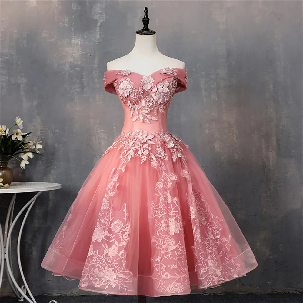 

Женское коктейльное платье, розовое Тюлевое платье-трапеция с кружевной аппликацией, открытыми плечами и завязкой сзади, для выпускного вечера, на день рождения