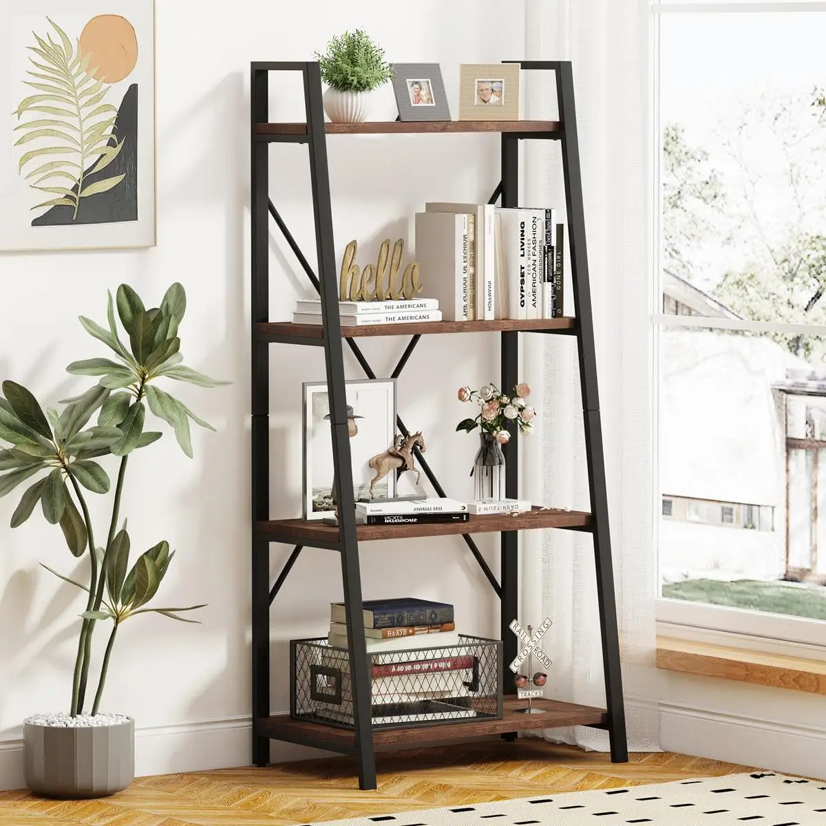 

BON AUGURE Industrial Ladder Shelf Bookcase, 4 Tier Rustic Ladder Bookshelf, Standing Leaning Book Shelves for Living Room