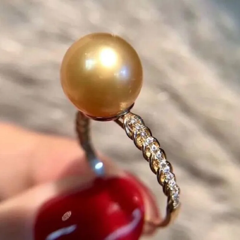 

Beautiful Giant AAAA 10-11mm Authentic Natural South China Sea Gold Round Pearl Ring 925s-