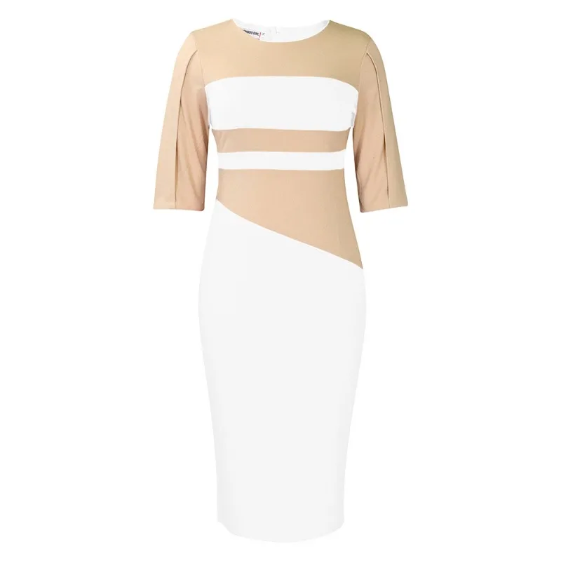 

Summer Fashion Contrast Color Dress African Women Round Neck Sexy Wrapped Hip Dress Elegant Commuter Fit Dress Women