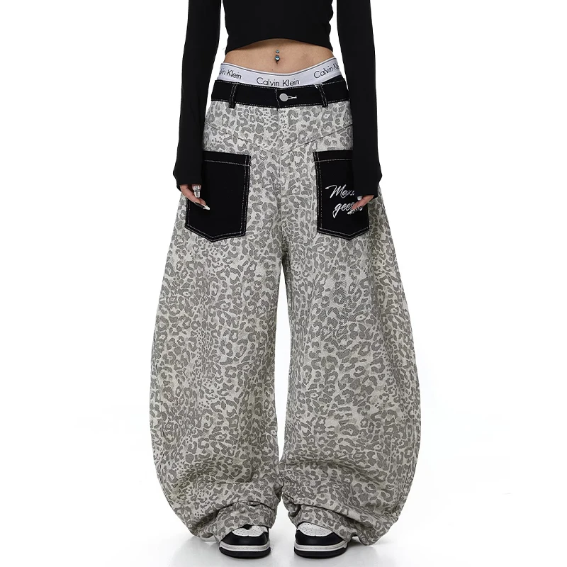  American Design 2026 Spring Summer Leopard Print Denim Pants Women Loose Sexy Slimming Knife Floor-Length Casual Trousers 1