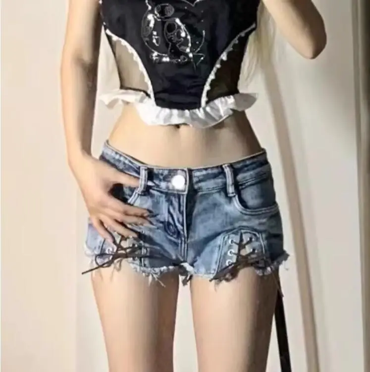 

Американские пряные джинсовые шорты Y2K для девушек с низкой талией и завязкой, Женские Новые облегающие, приталенные и обтягивающие бедра горячие брюки