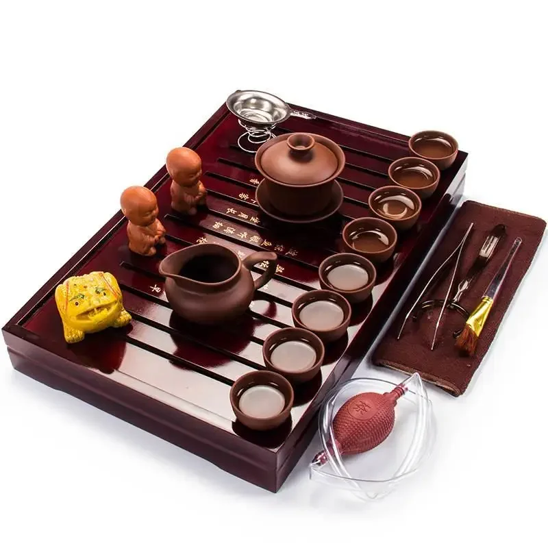 

Kung Fu Tea Set Household Solid Wood Small Tray Ceramic Zisha Set Ice Crack Tea Set Modern Art