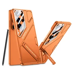 Premium Shockproof Geometric Case with Foldable Kickstand & Camera Lens Protection for Galaxy S26 Ultra (Orange)