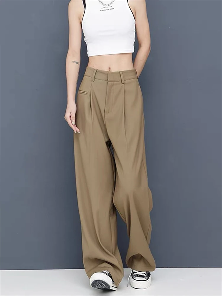 2022 Fashion Vintage Women Wide Leg Khaki Straight Solid Long Trousers