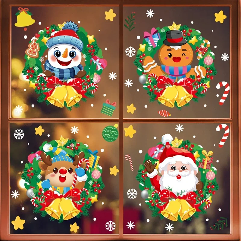 Merry Christmas Window Decoration Stickers Electrostatic Glass Decals Santa Claus Snowman Snow Flake Pattern Xmas Ornaments