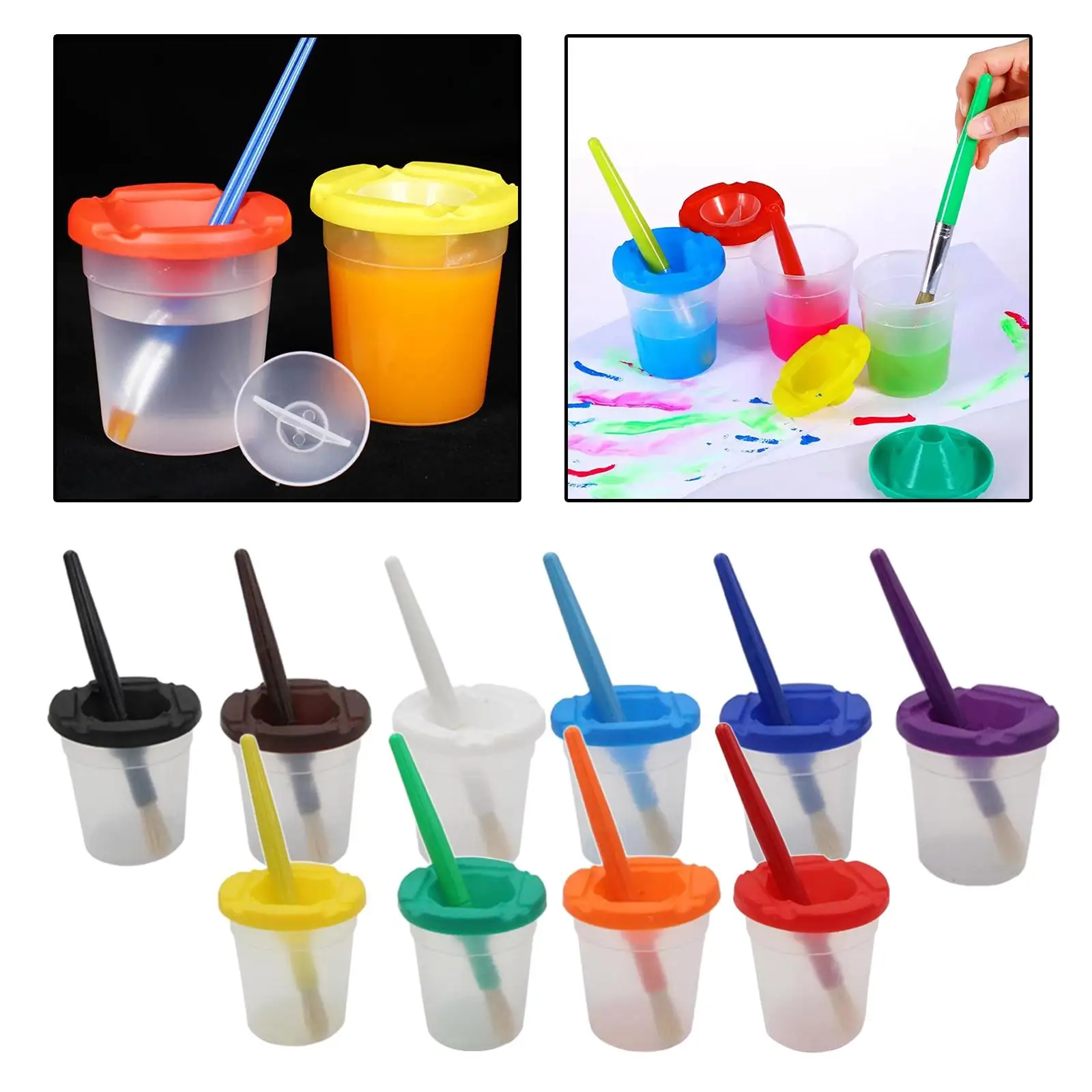 Childrens Paint Cups 10 Pieces with Lids Paint Cups Set and Brushes anti for Toddlers painting brushes paint cups