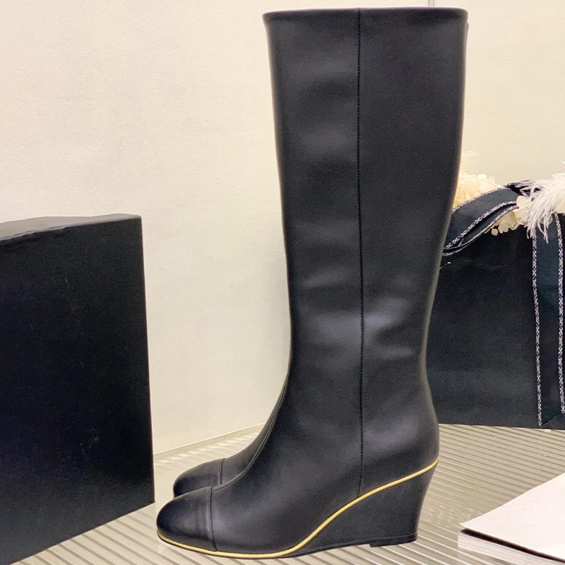 

Autumn Winter New Women's Solid Color Slope Heel Long Boots Genuine Leather Material Side Zipper Design Round Head Women's Boots