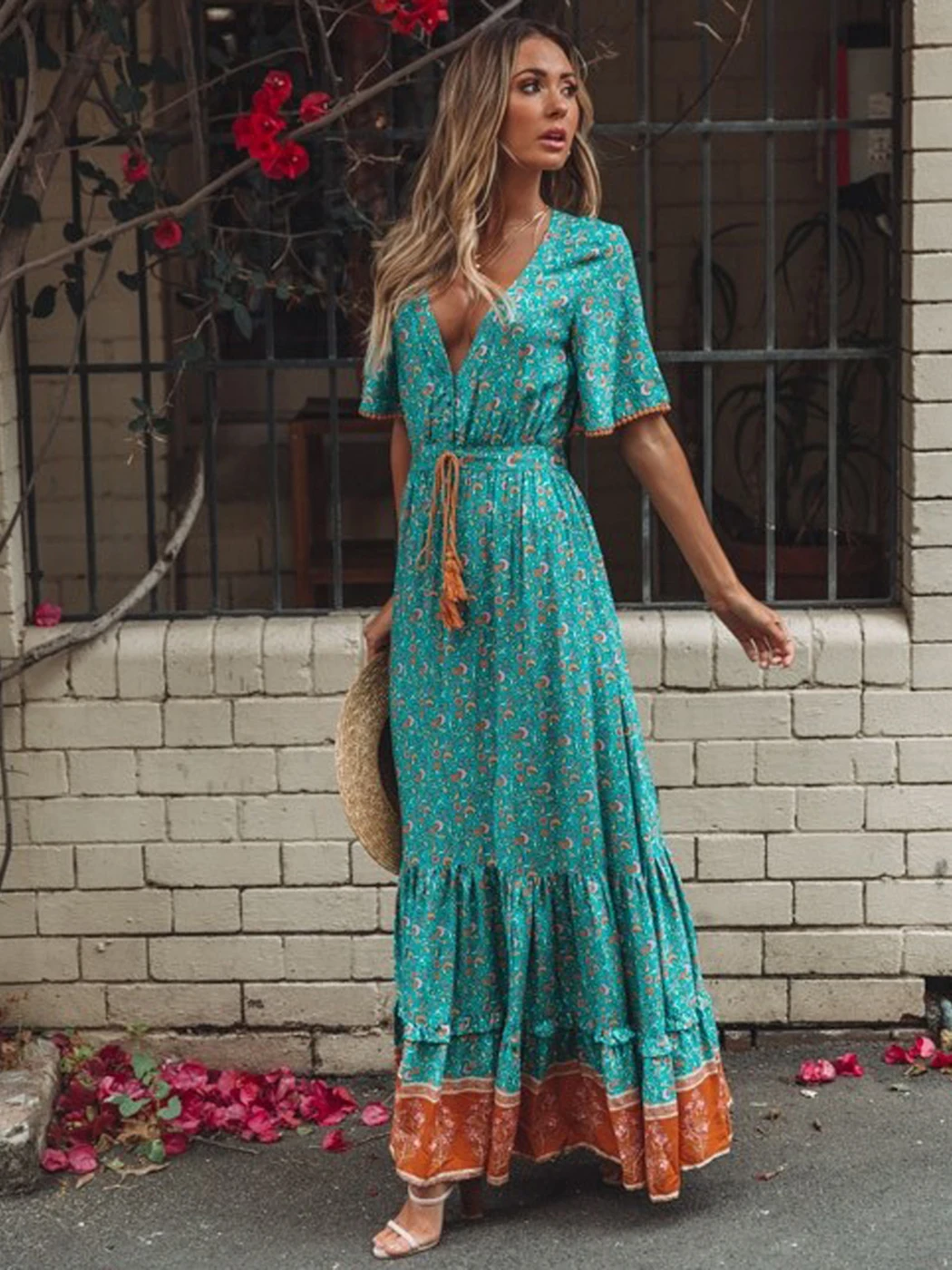 Jastie Vintage Print Maxi Dress Waist 