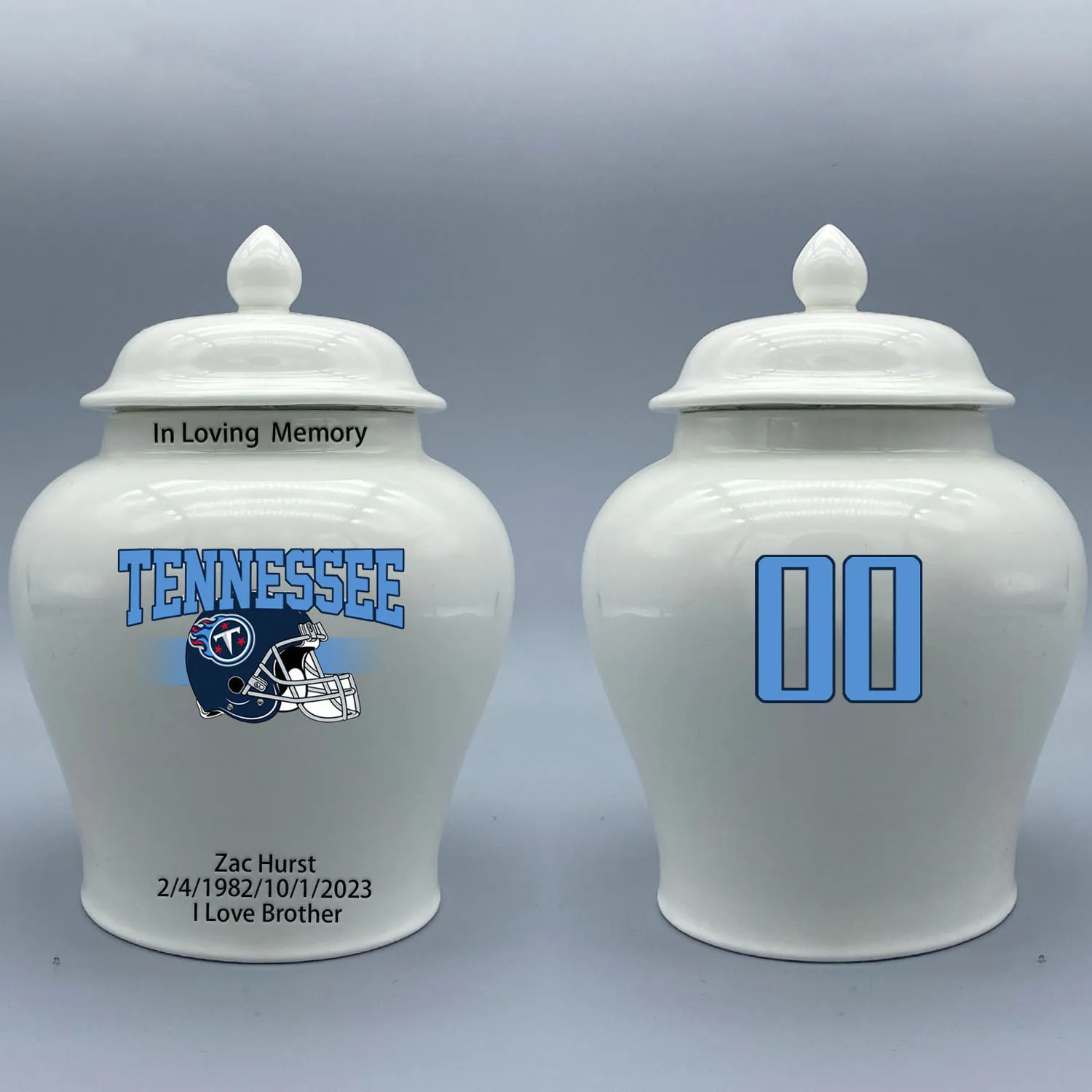 

Medium Urn for Tennessee Titans-themed Logo Urn.Please send me the customize information-name/date and number on the urn