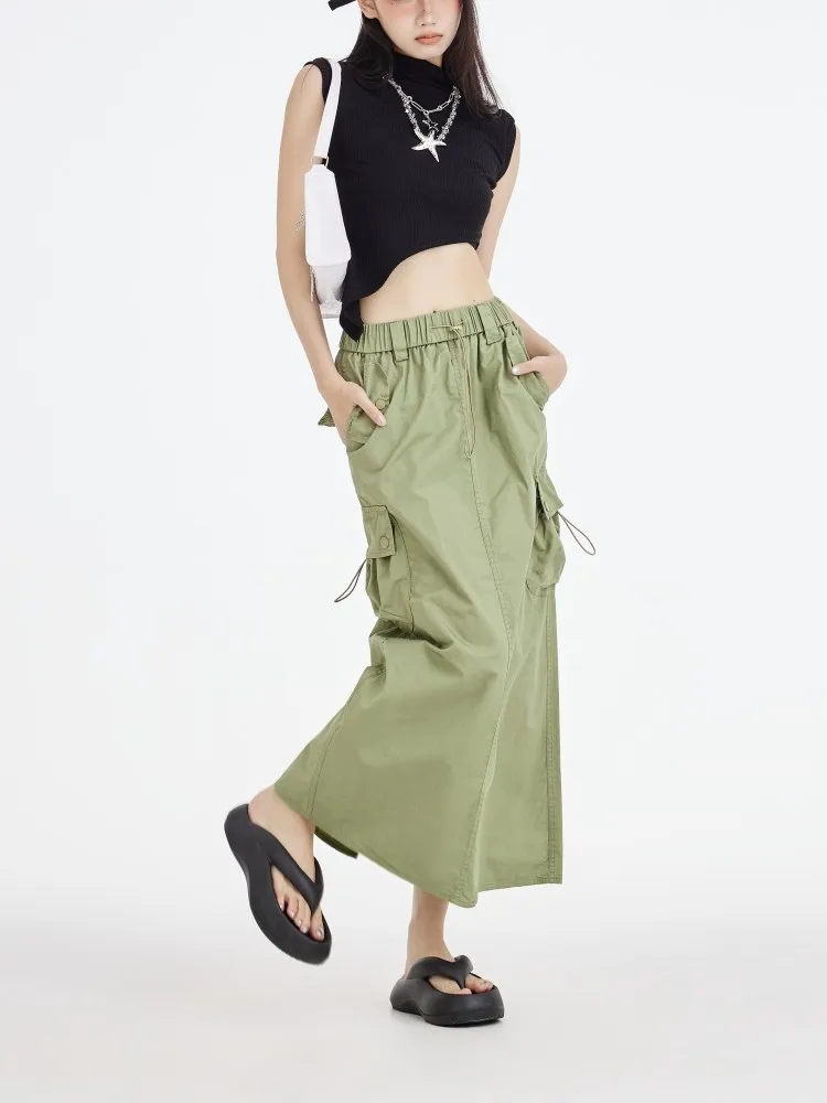

Summer Green Long Cargo Skirts Women Stitching Vintage Baggy Streetwear Outfits Split Fashion Low Waist Loose Skirt 2022 New