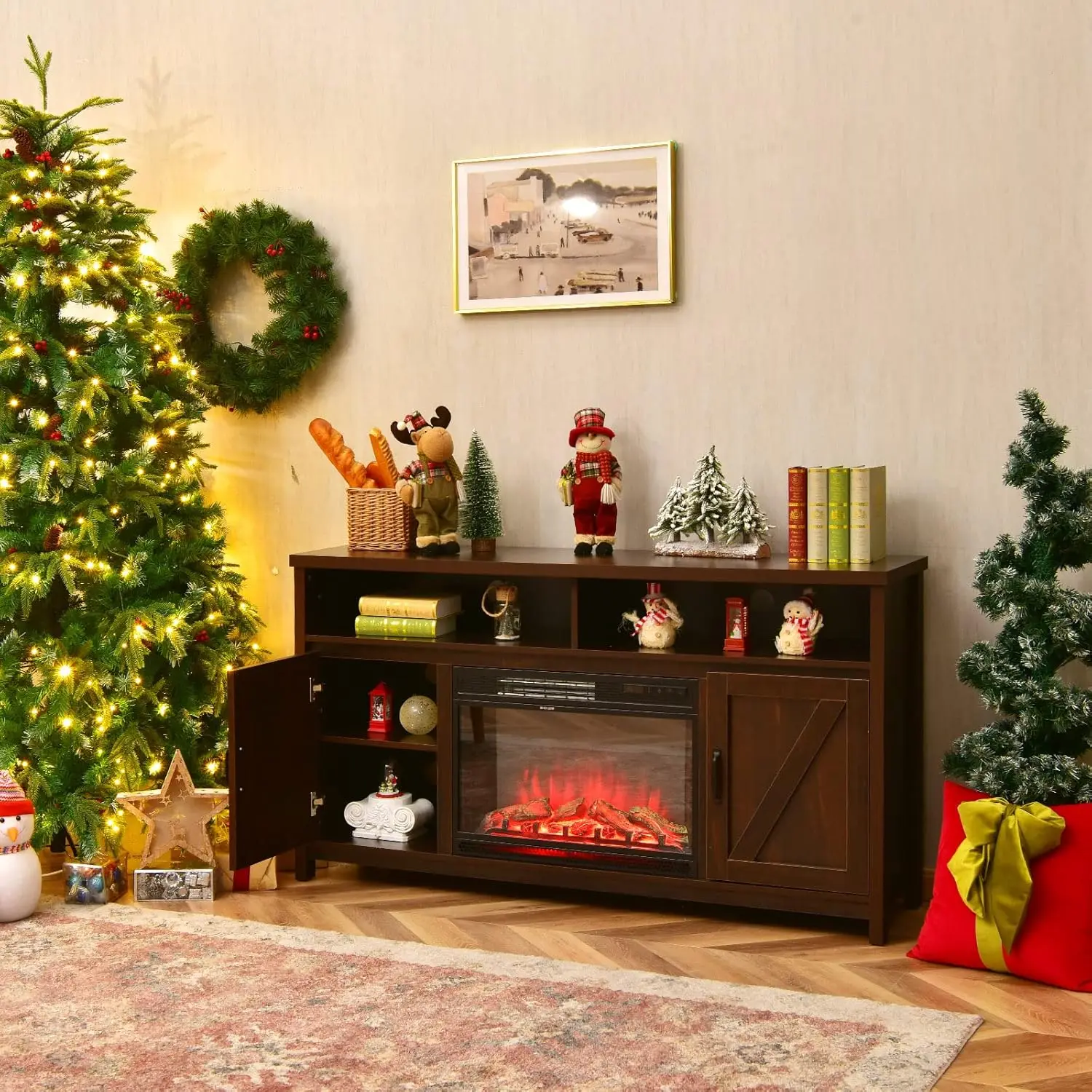 Electric Fireplace TV Stand, with 25 Inch 1350W Reccessed Faux Fireplace, 3 Flame Setting, 4 Brightness Remote Control 3
