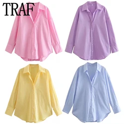 TRAF Women Shirts And Blouses Pink White Shirt Woman Long Sleeve Button Up Shirt Oversize Women Blue Women's Casual Shirts