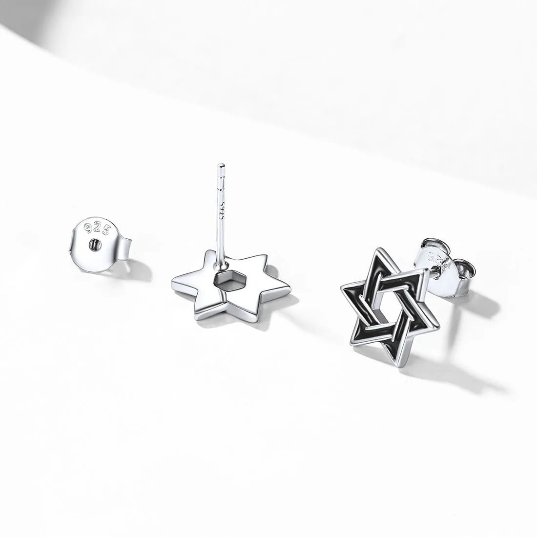 U7 Magen Star of David Stud Earrings for Women Man White CZ Black Enamel 925 Sterling Silver Dainty Unisex Jewelry