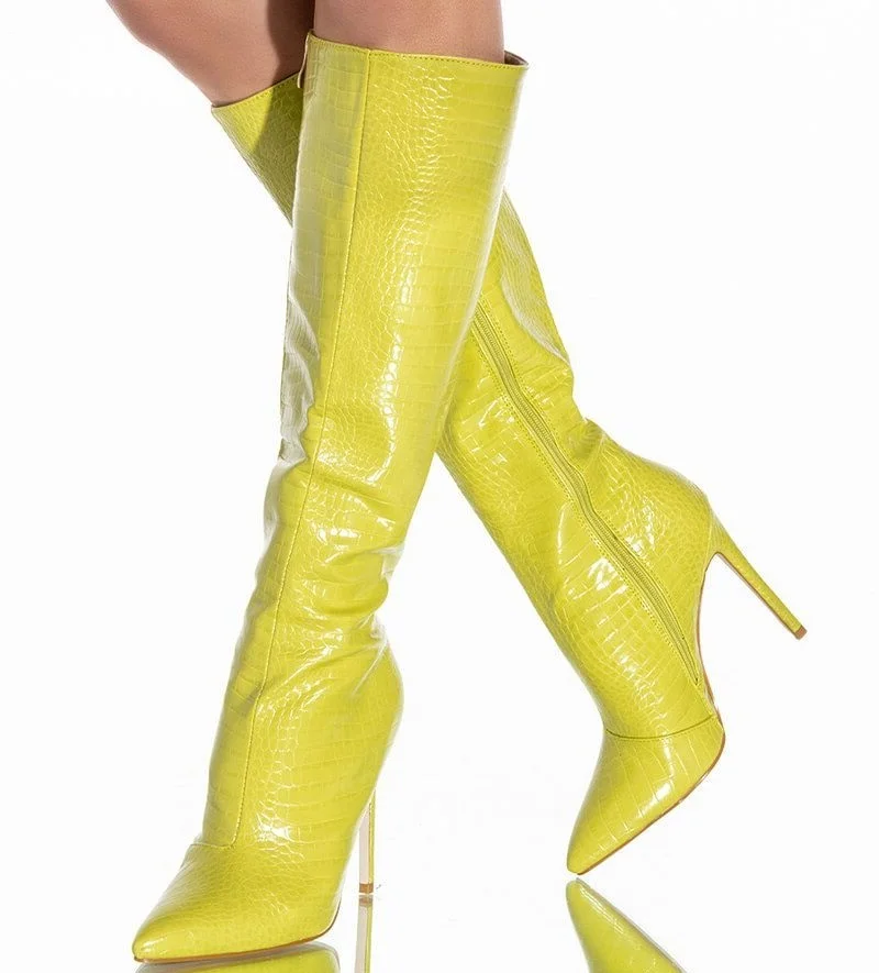 

Sexy Croc Embossed Leather Knee High Boots Lime Green Slim Stiletto Heel Knee High Boots Pointed Toe Women Dress Shoes