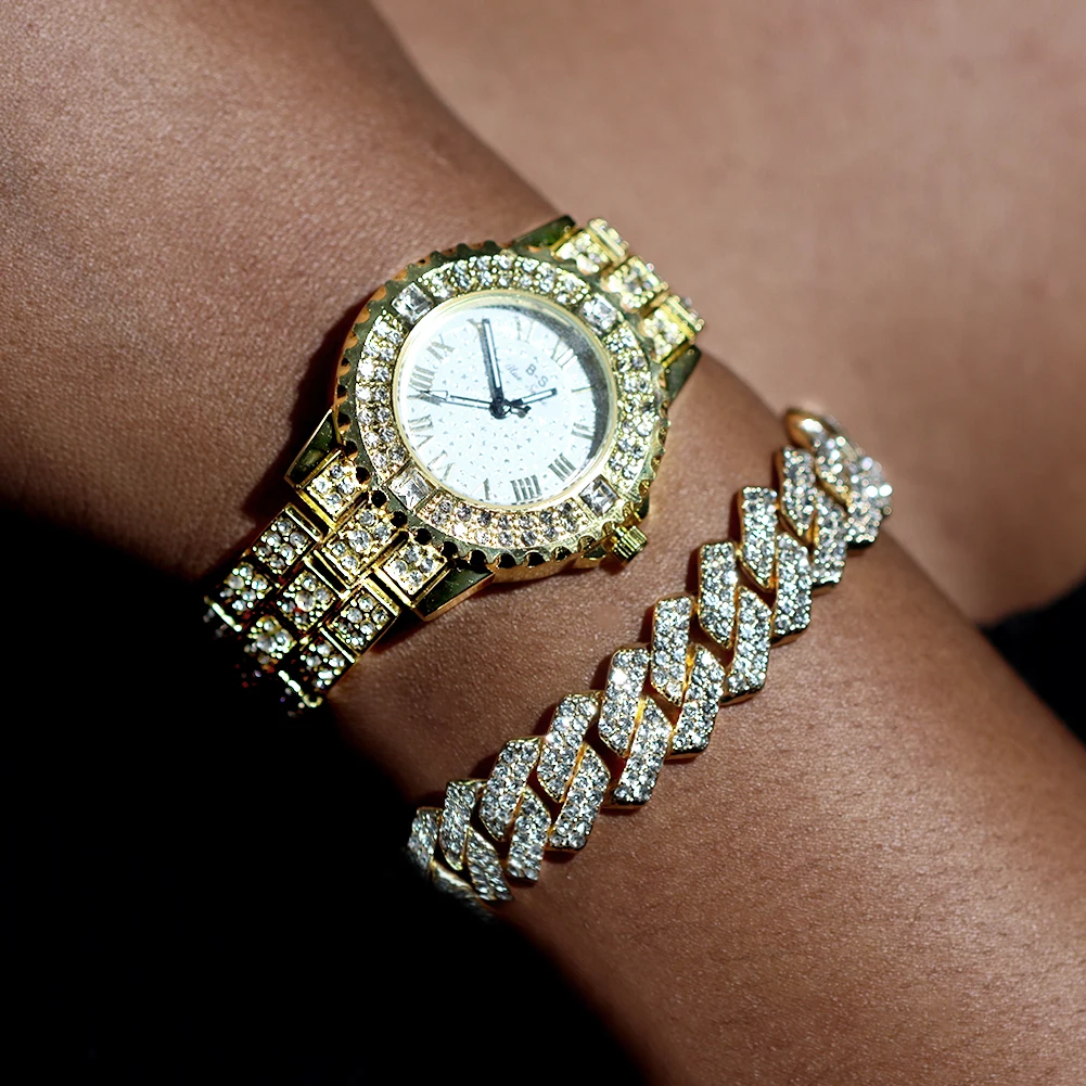 

Женские наручные часы со стразами, браслет золотого цвета, роскошные часы AAA + стразы с кубинской цепочкой, браслет, часы, ювелирные изделия, подарок