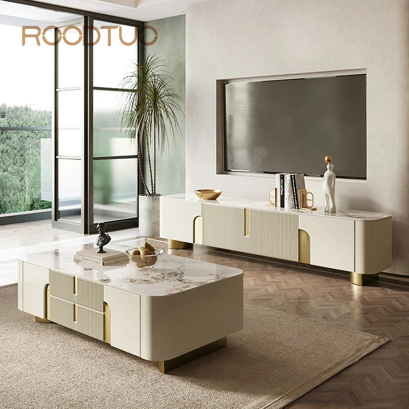 

Шкафы для телевизора в кремовом стиле с большим хранилищем, домашняя мебель, золотые ножки из нержавеющей стали, мебель для гостиной, прямоугольный журнальный столик