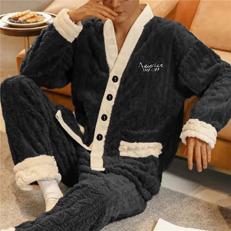 New Men's Warm Pajama Sets Autumn Winter Thick 2 Piece Set Flannel Sleepwear Loose Long Sleeve Solid Homewear Home Clothes Sets