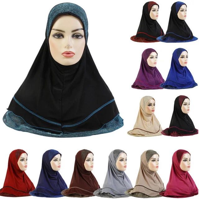 Shein 1pc Ladies' Stretchy Solid Color Delicate Stitching Edge Wrap Scarf, Jersey Hijab Scarf, One-Size Black Fabric Polyester