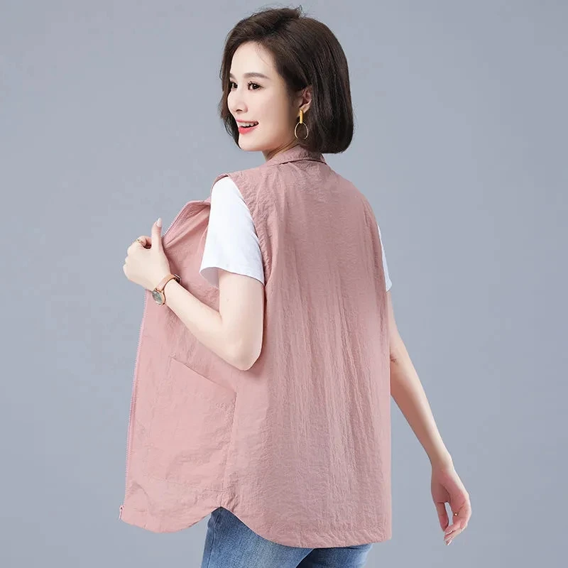 

2024 Summer Liner Sleeveless Sun Protection Clothes Women Casual Thin Pink Vest Jacket Short Zipper Waistcoat Ladies Tops 4XL