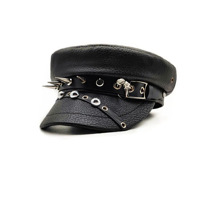 Korean Version New Original Spicy Girl Leopard Print Rivet Leather Buckle Flat Top Hat Subculture Leather Newsboy Hat