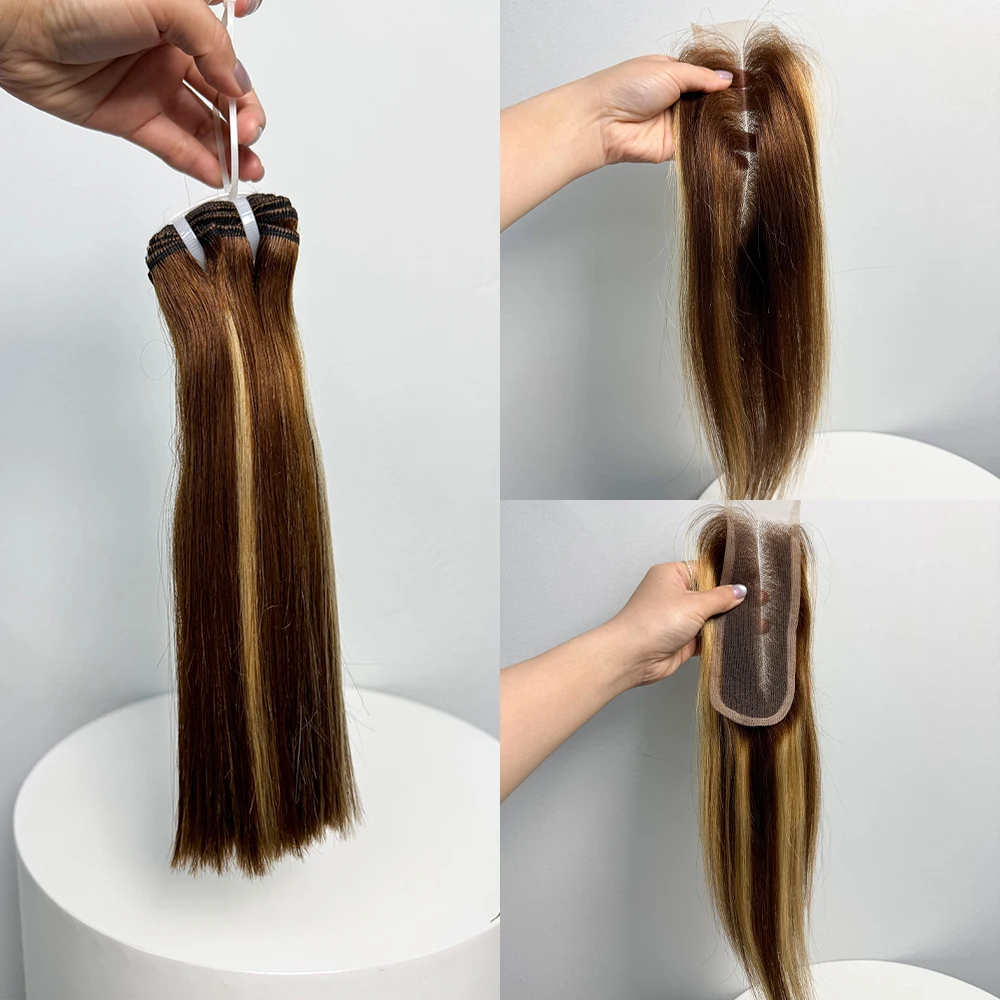 Bone Straight 2X6 Lace Closure Colored Vietnamese Human Hair Bundles and Closure Super Double Drawn Ombre Color Hair Extensions