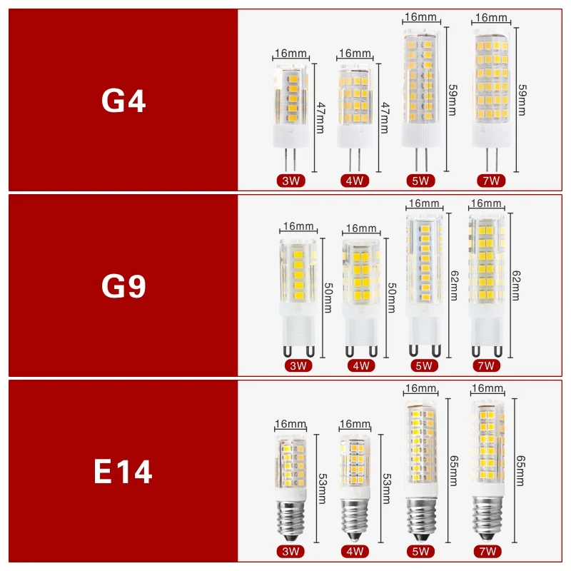 할로겐 샹들리에 조명 교체 LED 전구, 3W, 4W, 5W, 7W, G4, G9, E14, LED 램프, AC 220V, SMD2835, 360 빔 각도, 10 개/로트